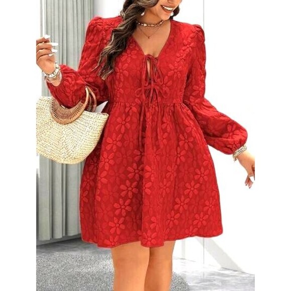 Shein Curve Dress Women 4X Plus Red Floral Texture Mini Babydoll Coquette NWOT - Picture 2 of 10